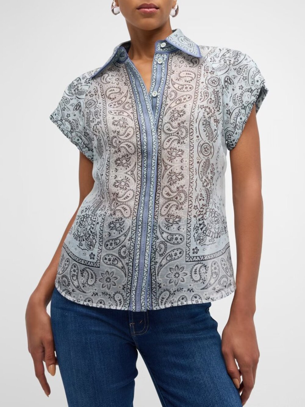 Zimmermann Matchmaker Fitted Linen and Silk Blouse Women Blue Bandana Size 0